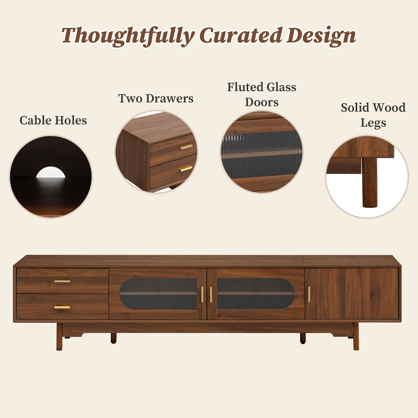 Modern TV Stand With Fluted Glass Doors & 2 Drawers