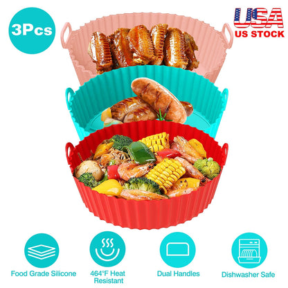 3Pcs Reusable Foldbale Air Fryer Silicone Pot 464¡F Heat Resistant Round Replacement of Parchment Liners 3 Food Grade Baking Basket Pans for 4+Quart A