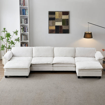 Living Room Furniture Sofa Luxury Couch Four Seater with Two Ottomans Soft Chenille Upholstered U Shape Sofa
