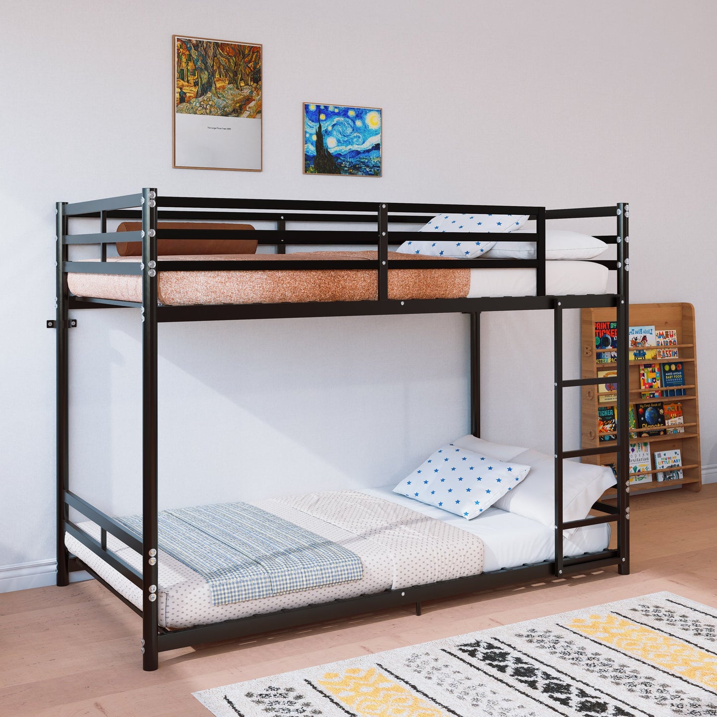 Bunk Bed with Ladder and High Guardrail Metal Bunk Bed, Storage Space, Noise Free, Twin Over Twin Size