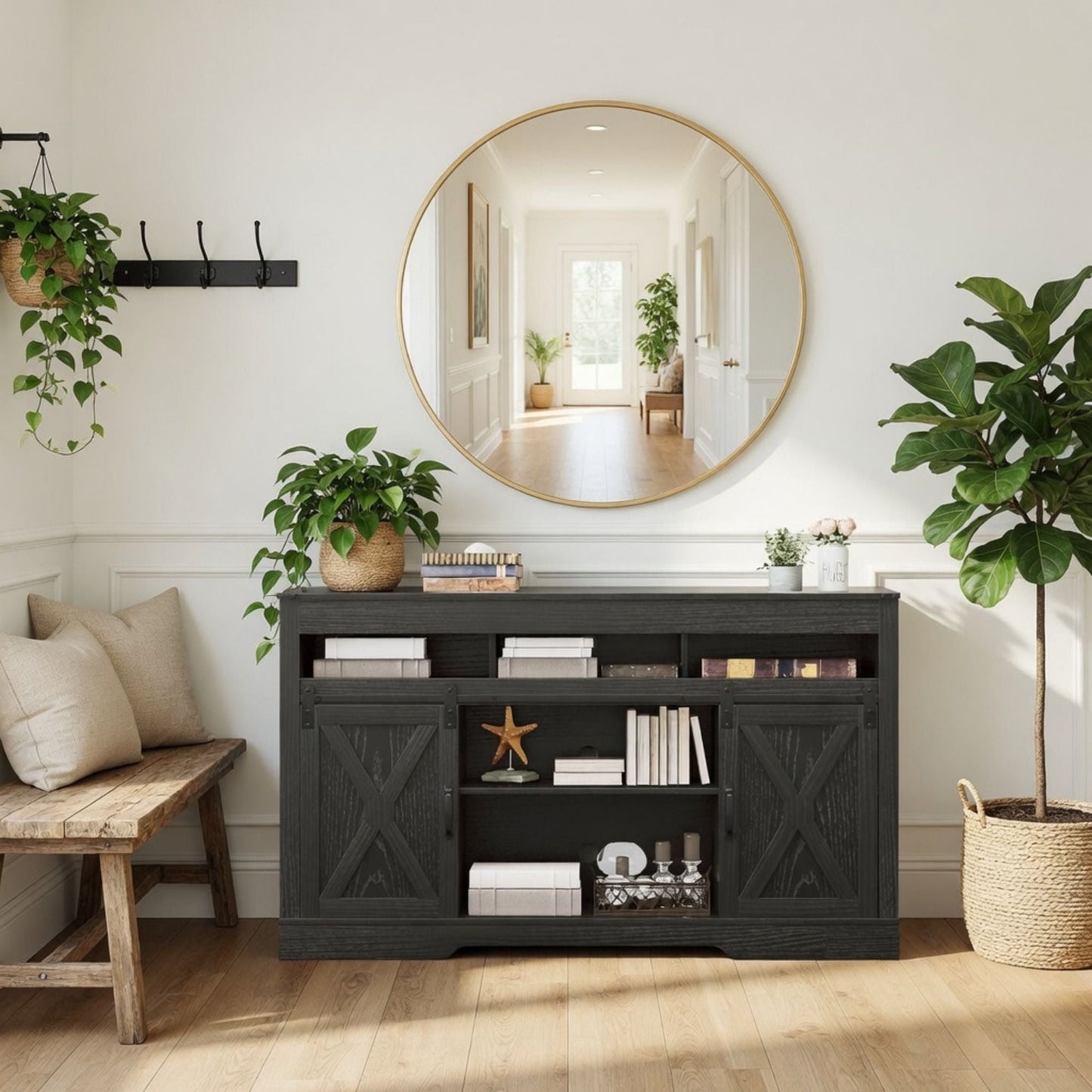 Farmhouse TV Stand With Sliding Barn Doors & Adjustable Storage