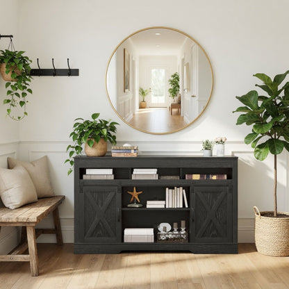 Farmhouse TV Stand With Sliding Barn Doors & Adjustable Storage