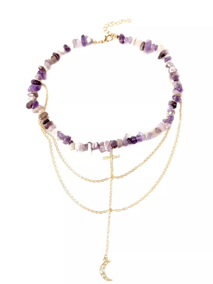 Layered Cross and Moon Pendant Necklace