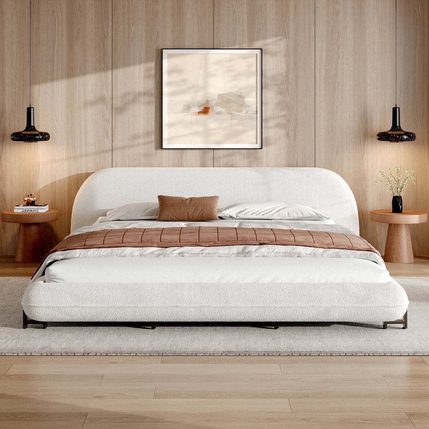 California King Size Bed Frame with Boucle Fabric and Thick Headboard