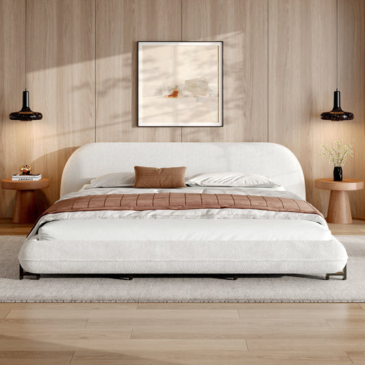 King Size Bed Frame with Boucle Fabric and Thick Headboard