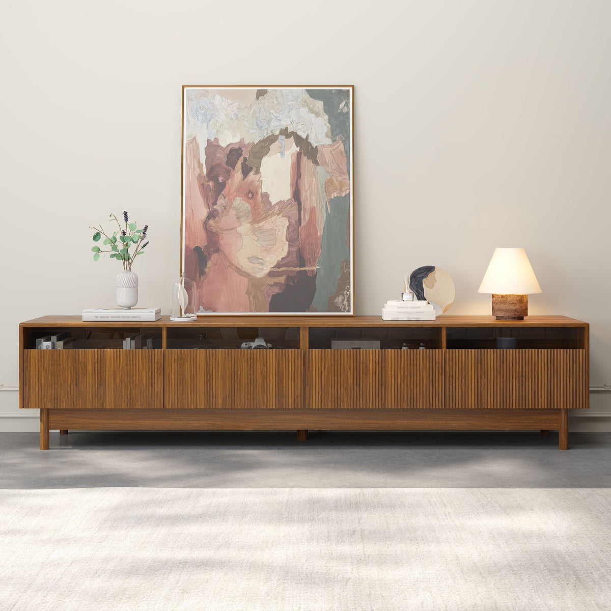 TV Stand, Entertainment Center With Fluted Drawers For Living Room - Walnut