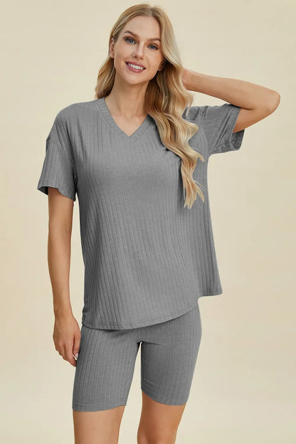 Plus Size Ribbed V-Neck Top & Shorts Set