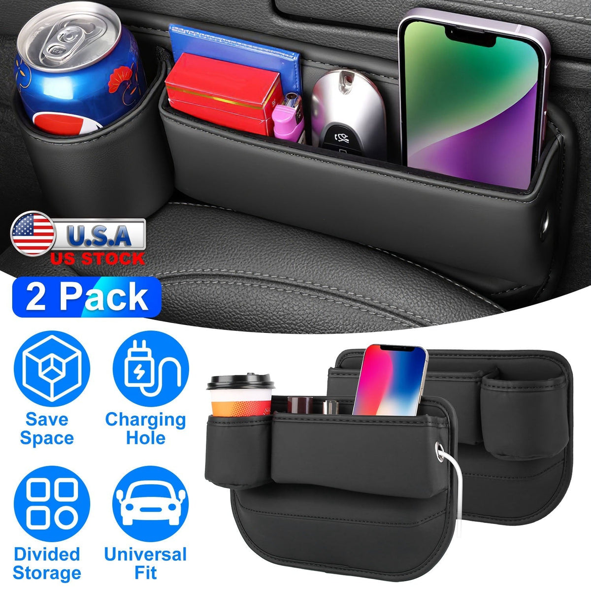 2 Pack Car Seat Gap Filler Organizer Car Leather Cup Holder Gap Bag Universal Car Seat Storage Black for Placing Keys Cards Phones Drinks Lipstick