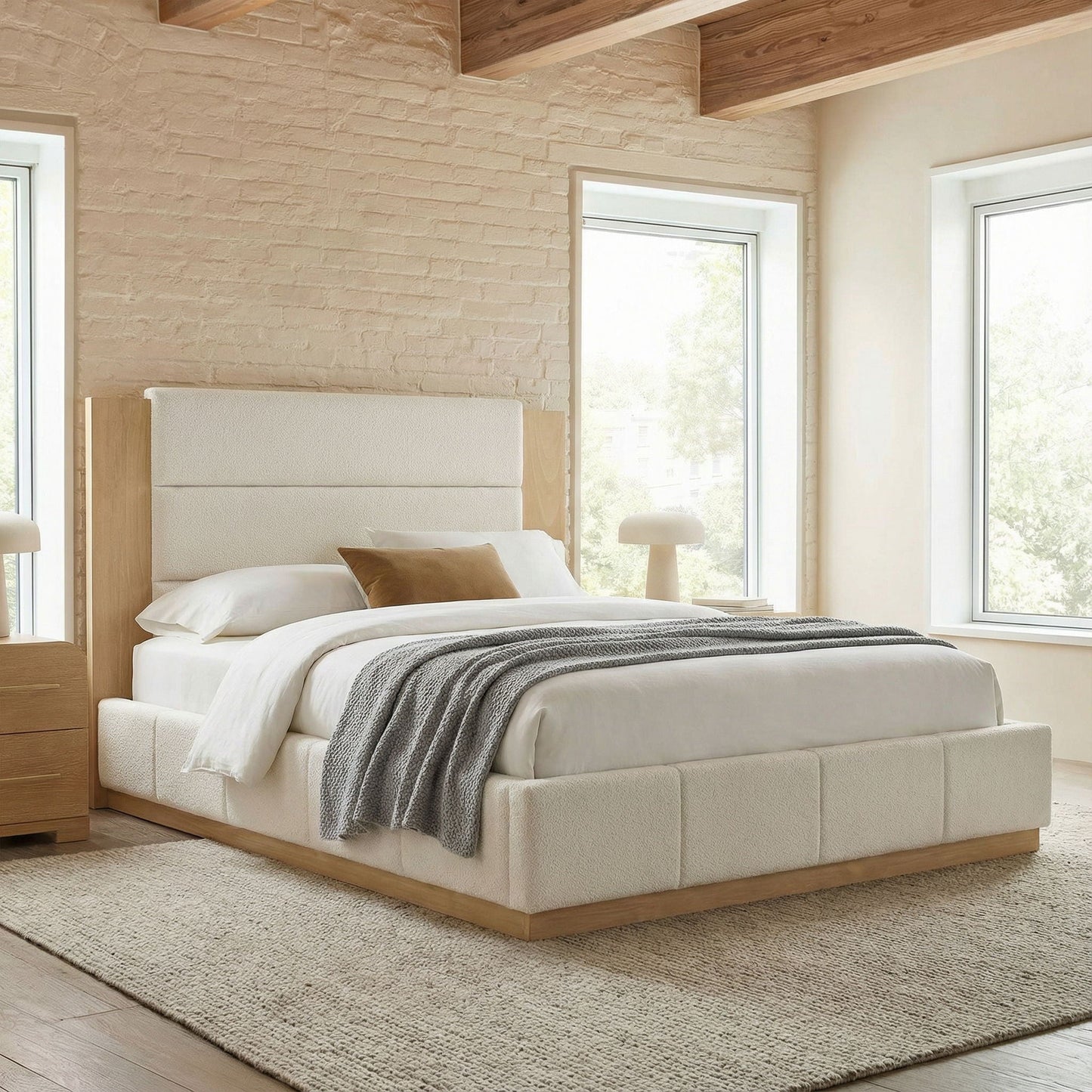 Modern Upholstered Platform Bed With Extended Headboard