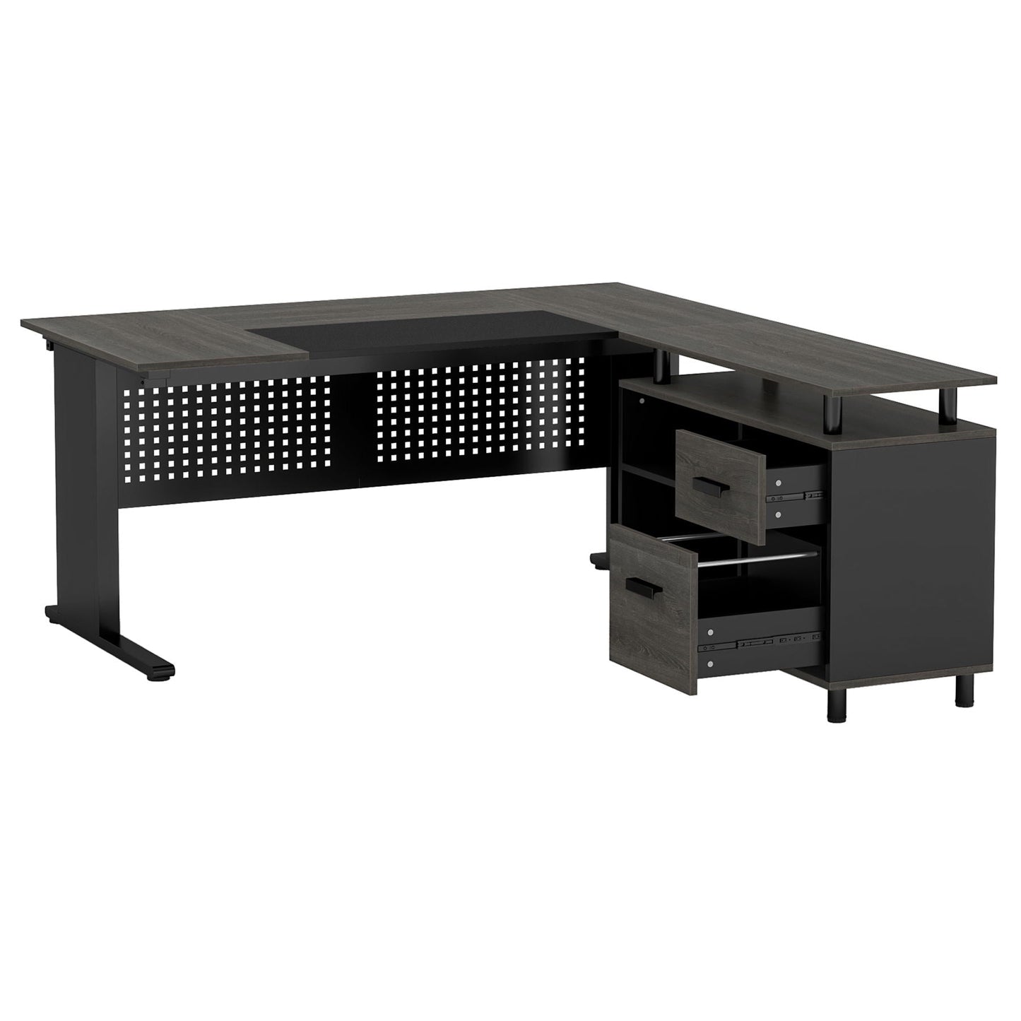 L-Shaped Executive Desk With File Cabinet, Office Workstation With Drawers, Shelves & Storage