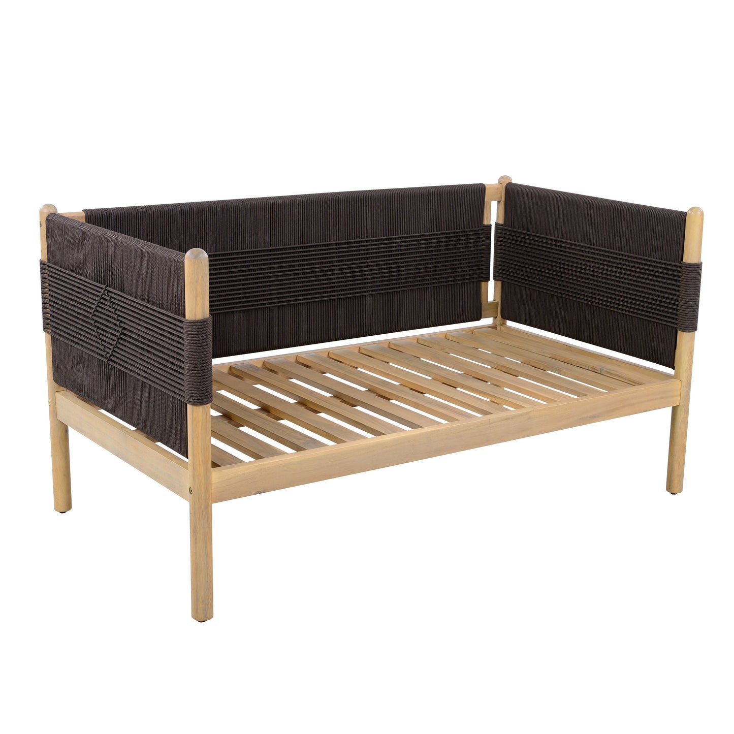 Outdoor Acacia Wood Loveseat with Diamond Rope Weave & Cushions, Light Teak