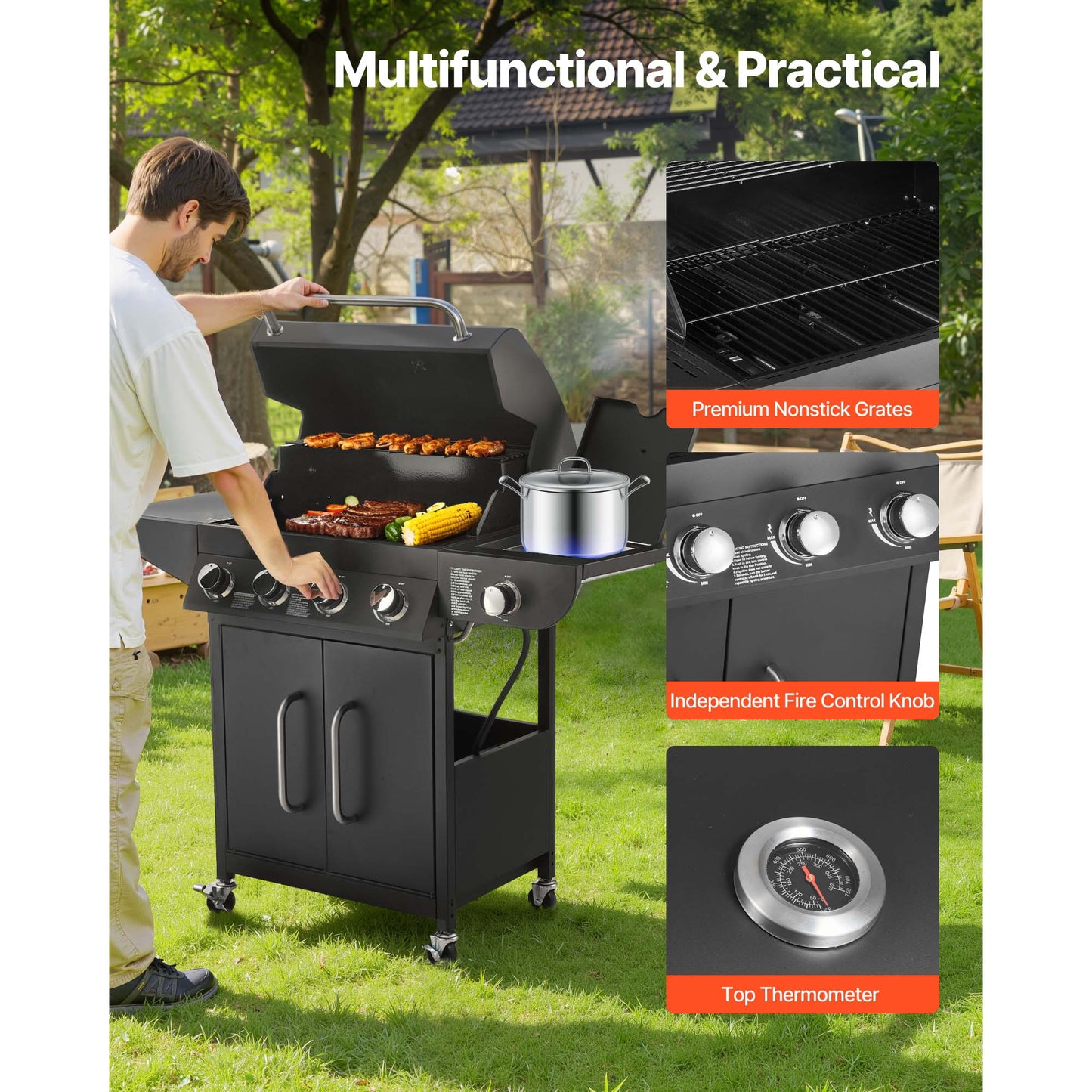 Gas Grill, 4 Burner Propane Gas Grill with Side Burner