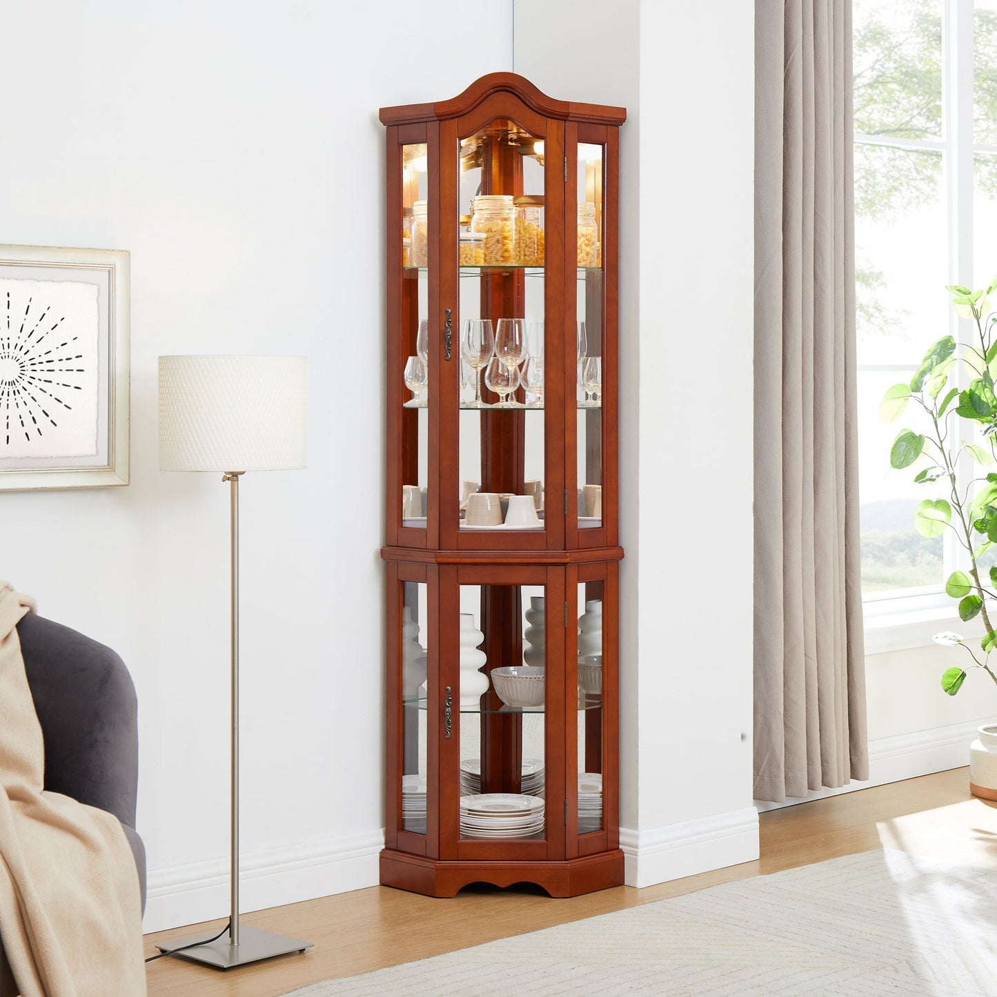 Corner Curio Cabinet With Lights, Adjustable Shelves, Mirrored Back - Walnut