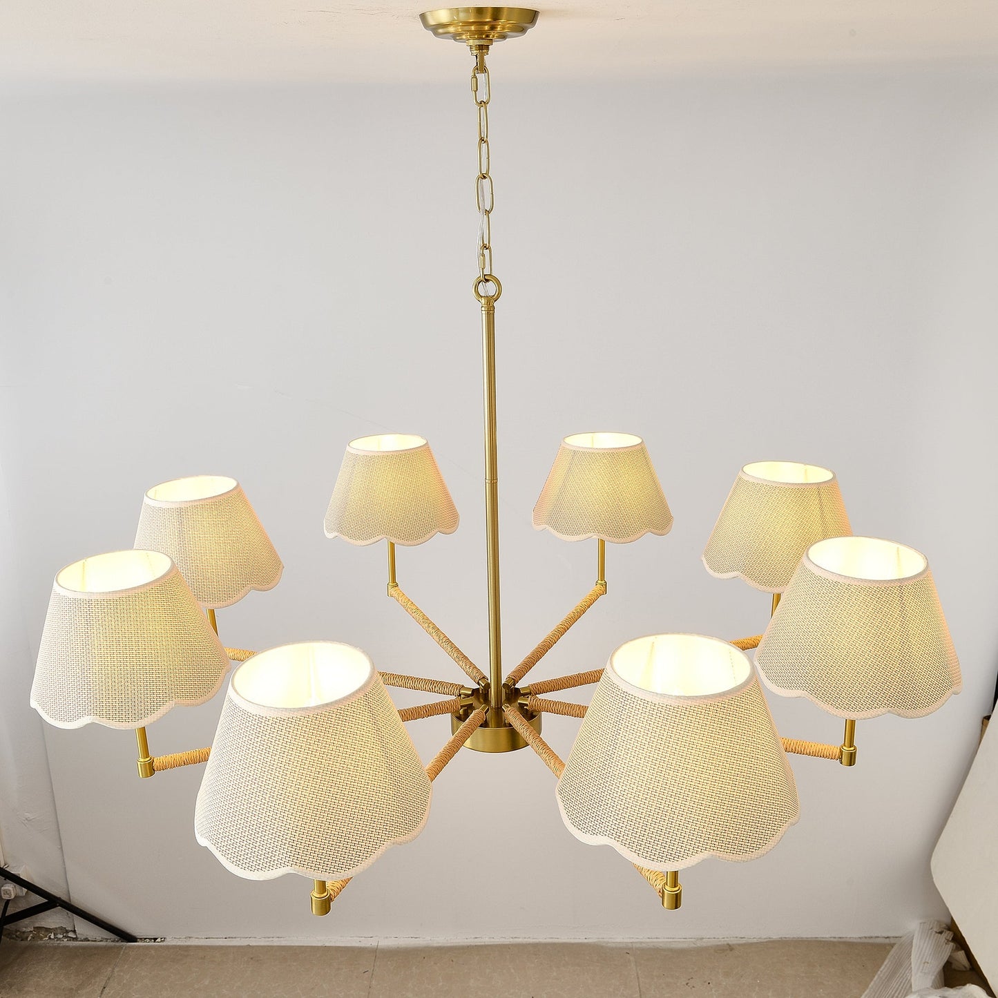 8-Light Rope and Fabric Shade Gold Chandelier