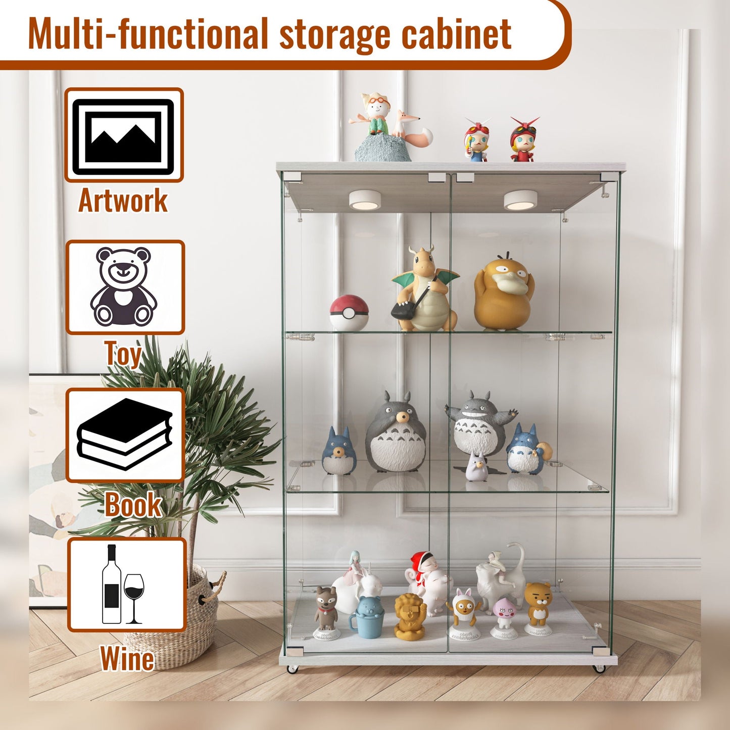 Modern Display Cabinet With LED Lights, Transparent Tempered Glass 2 Door Storage Case With 3 Shelves