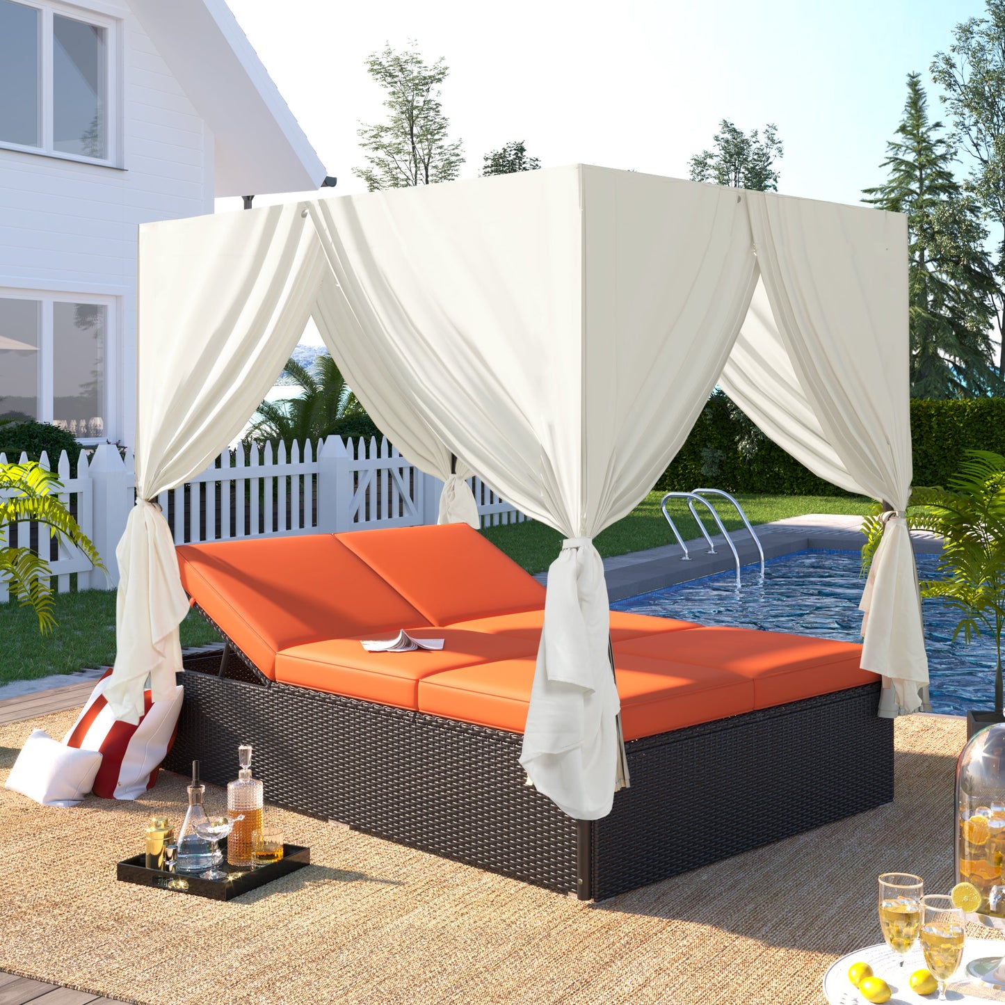 U_STYLE Outdoor Double Chaise Lounge Daybed with Curtains