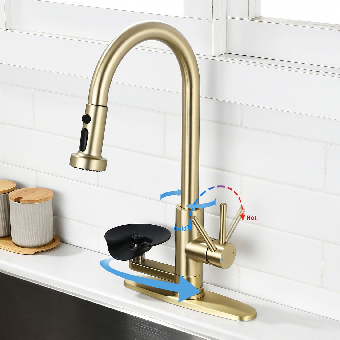 3 In 1 Kitchen Faucet With Press Type Glass Rinser, High Arc Pull Down Sprayer