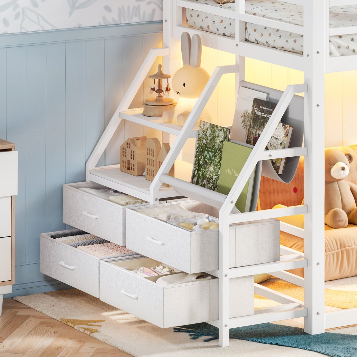 Twin Over Twin Bunk Bed with Storage Shelves and Drawers
