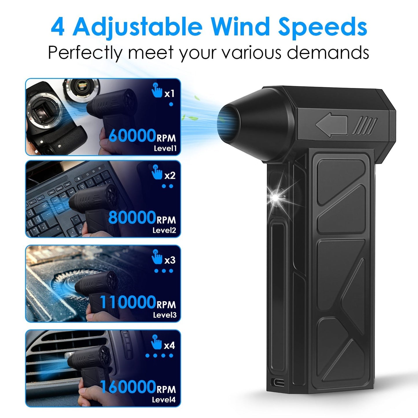 160,000RPM Air Duster – Cordless Rechargeable Blower with LED Light & 4 Speeds
