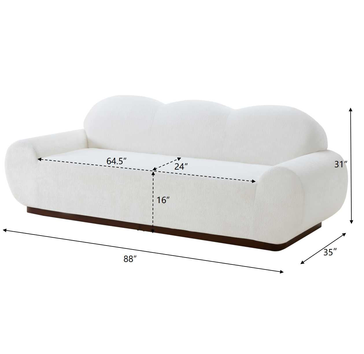 88 in. Round Arm Cloud Curved 3-Seater Modern Upholstered Chenille Sofa, Snow