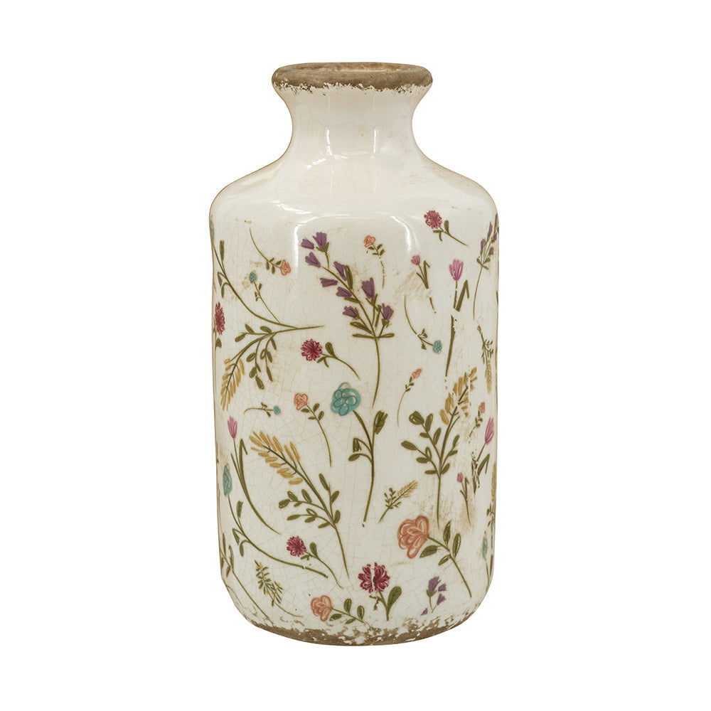 Ceramic Cylinder Vase with Multi-Colored Floral Motifs