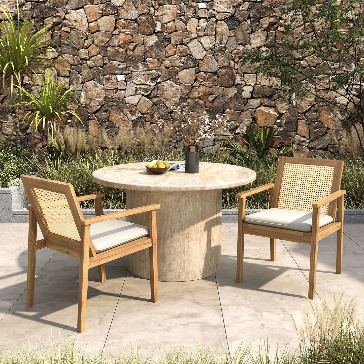 Preston Outdoor Dining Chair With Cushion Set of 2 - Teak / Beige