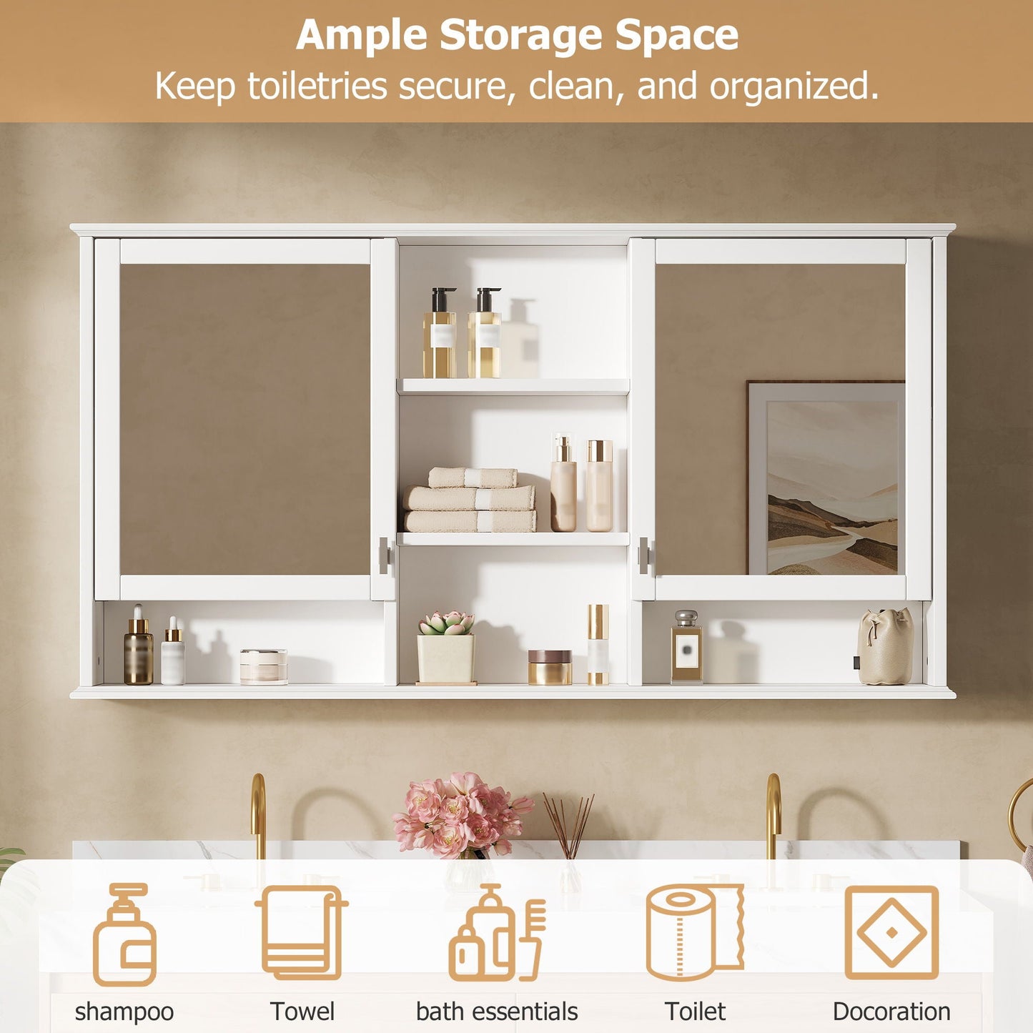 Wall Mount Mirror Cabinet With Adjustable Shelves - White