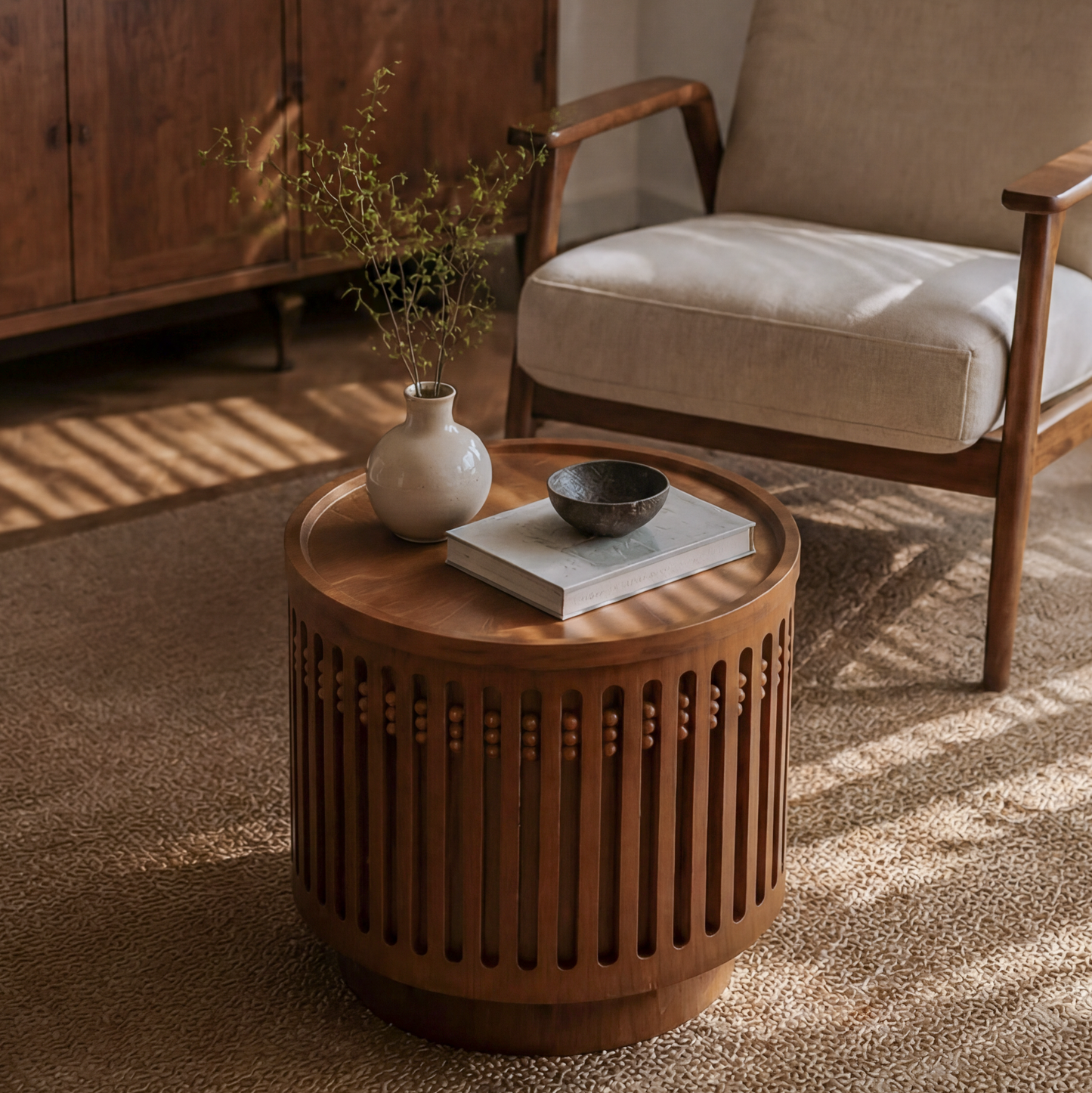 18.9" Round Wooden Side Table with Cylinder Lattice Design
