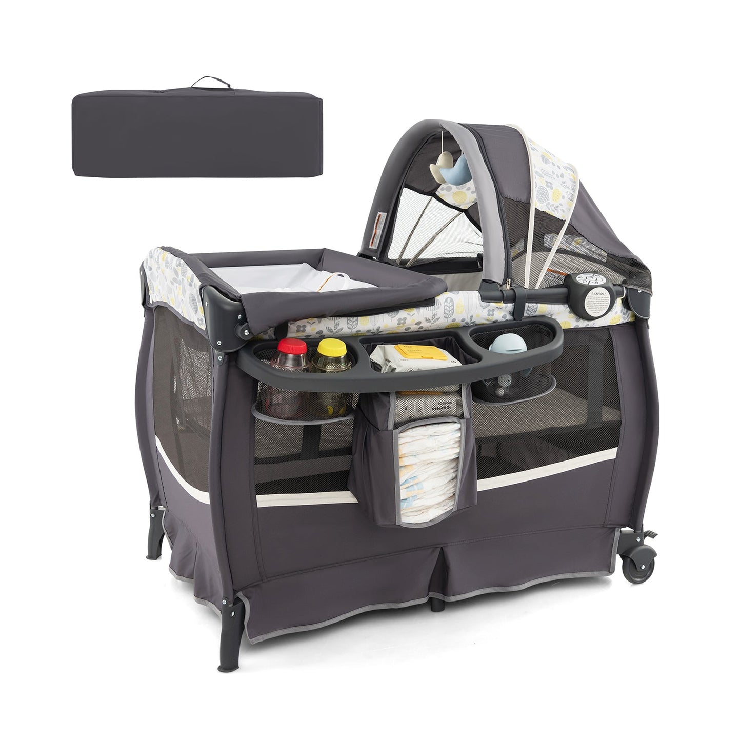 4 in 1 Portable Pack and Play Baby Nursery Center with Bassinet-Yellow