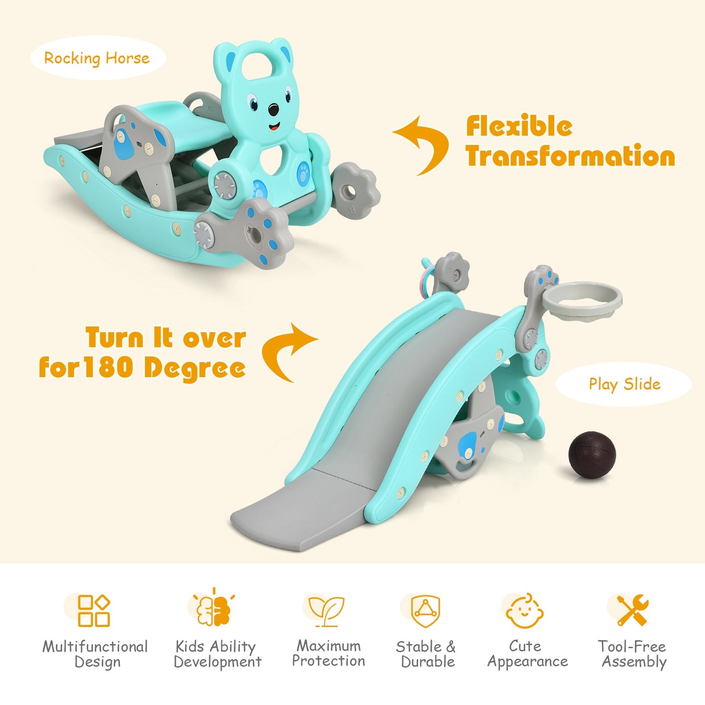 4-in-1 Toddler Slide and Rocking Horse Playset with Basketball Hoop-Blue