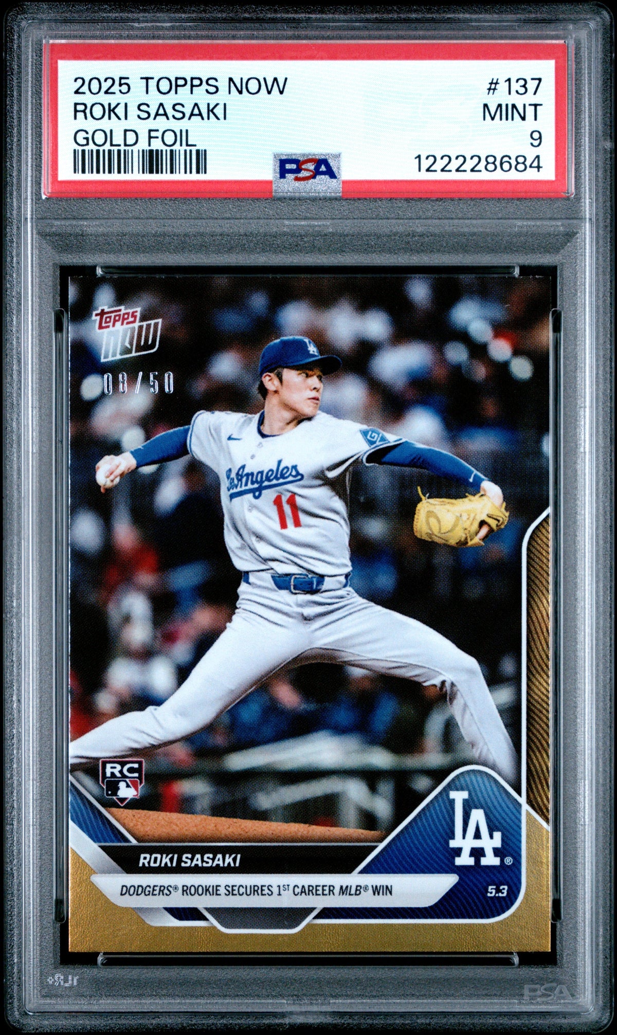 Graded 2025 Topps Now Roki Sasaki #137 Gold Foil /50 Rookie RC Baseball Card PSA 9 Mint