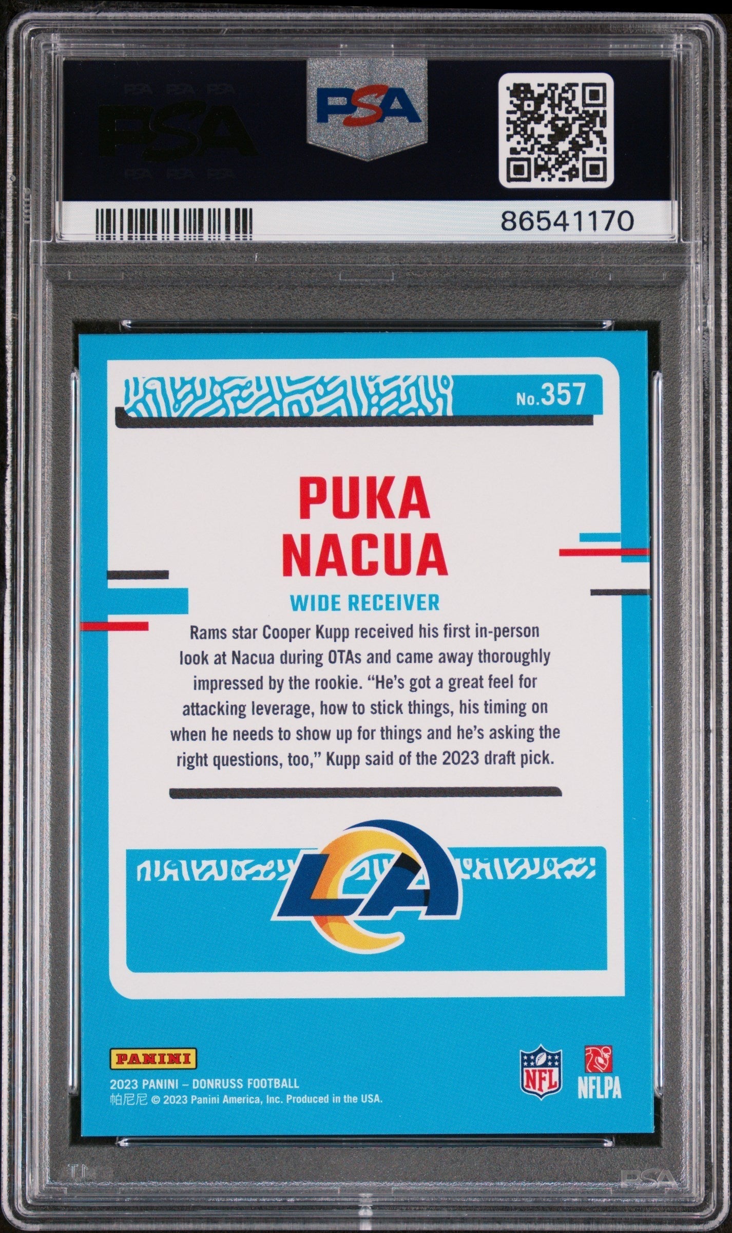 Graded 2023 Panini Donruss Rated Rookie Puka Nacua #357 Rookie RC Football Card PSA 9 Mint