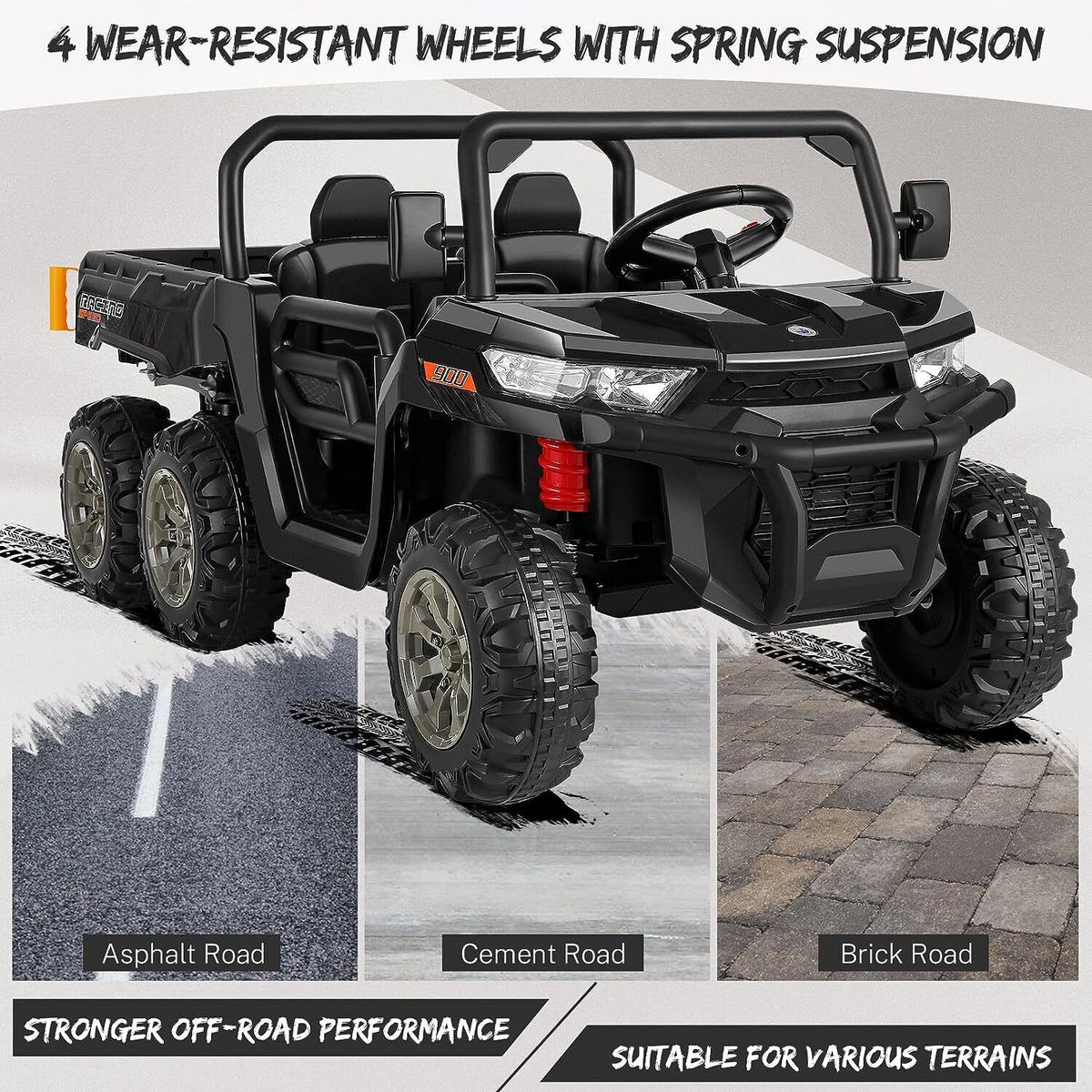 6x6 Ride On UTV Truck with Dump Bed, 6 Suspension, and 4WD - Perfect for Kids with LED Lights and Remote Control