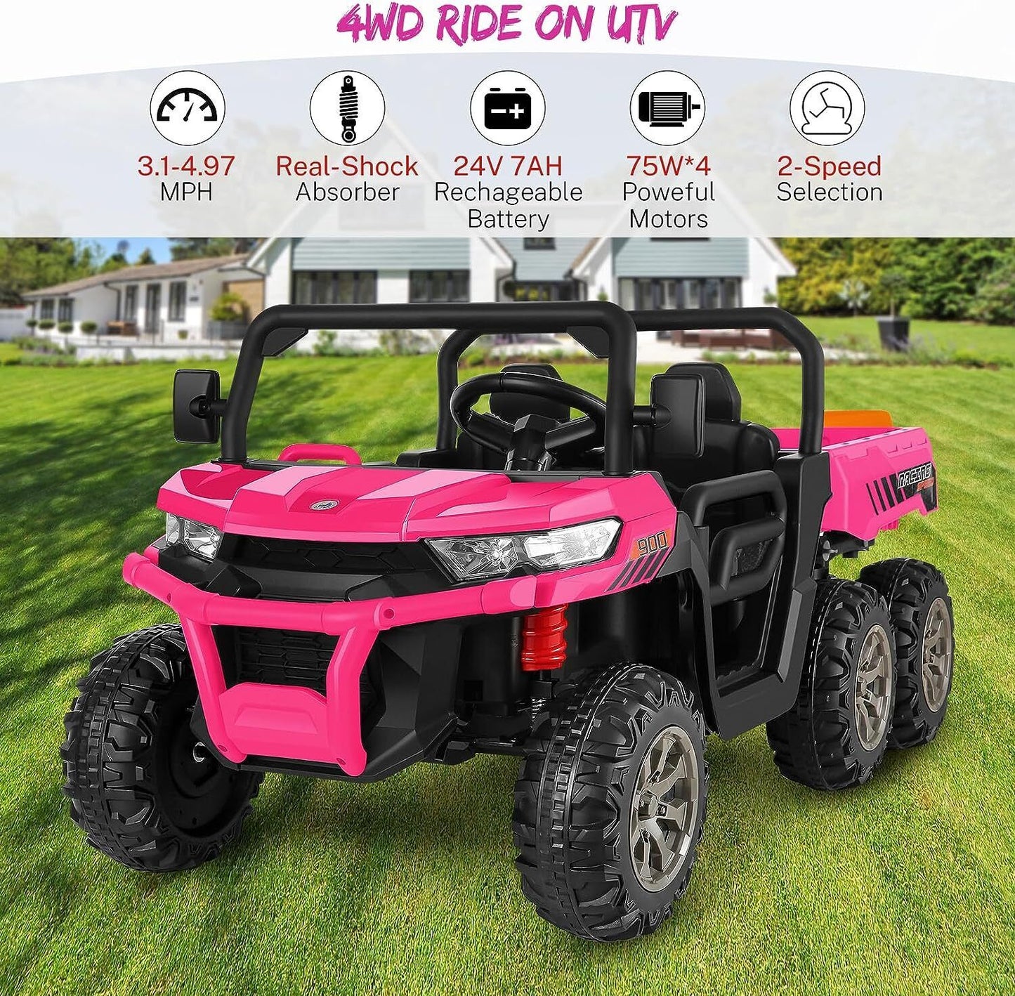6x6 Ride On UTV Truck with Dump Bed, 6 Suspension, and 4WD - Perfect for Kids with LED Lights and Remote Control