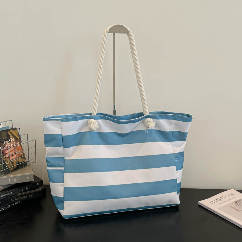 Womens Large-Capacity Striped Beach Tote Bag