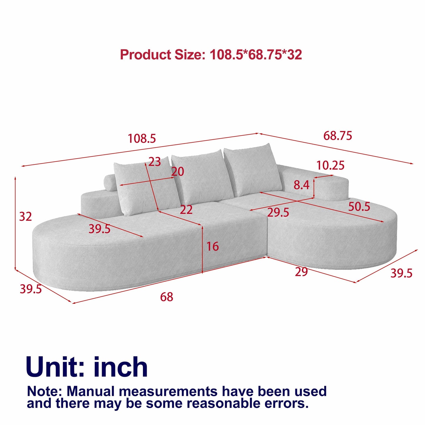 Modern Curved Sofa, L-Shaped Modular Sectional Set With 3 Pillows