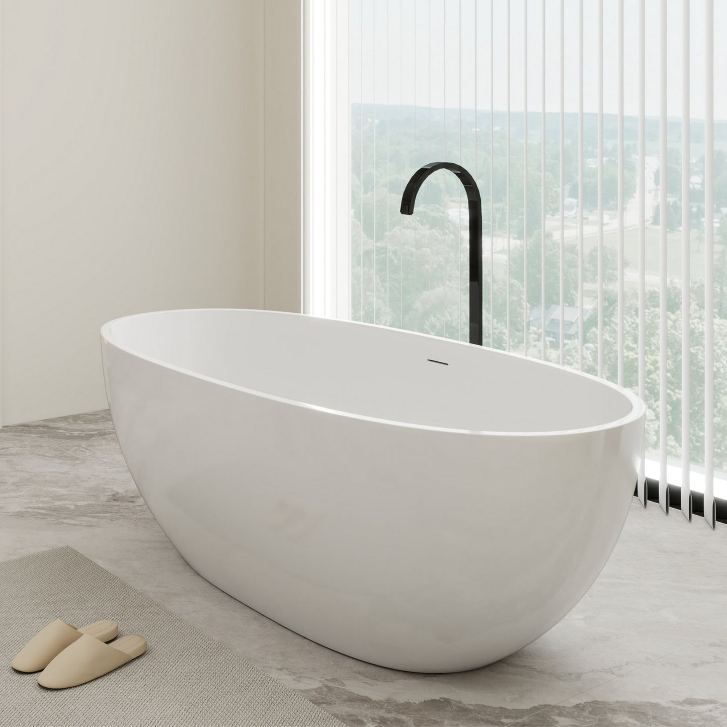 67 in. x 31 in. Oval Freestanding Solid Surface Soaking Bathtub with Center Drain in Matte