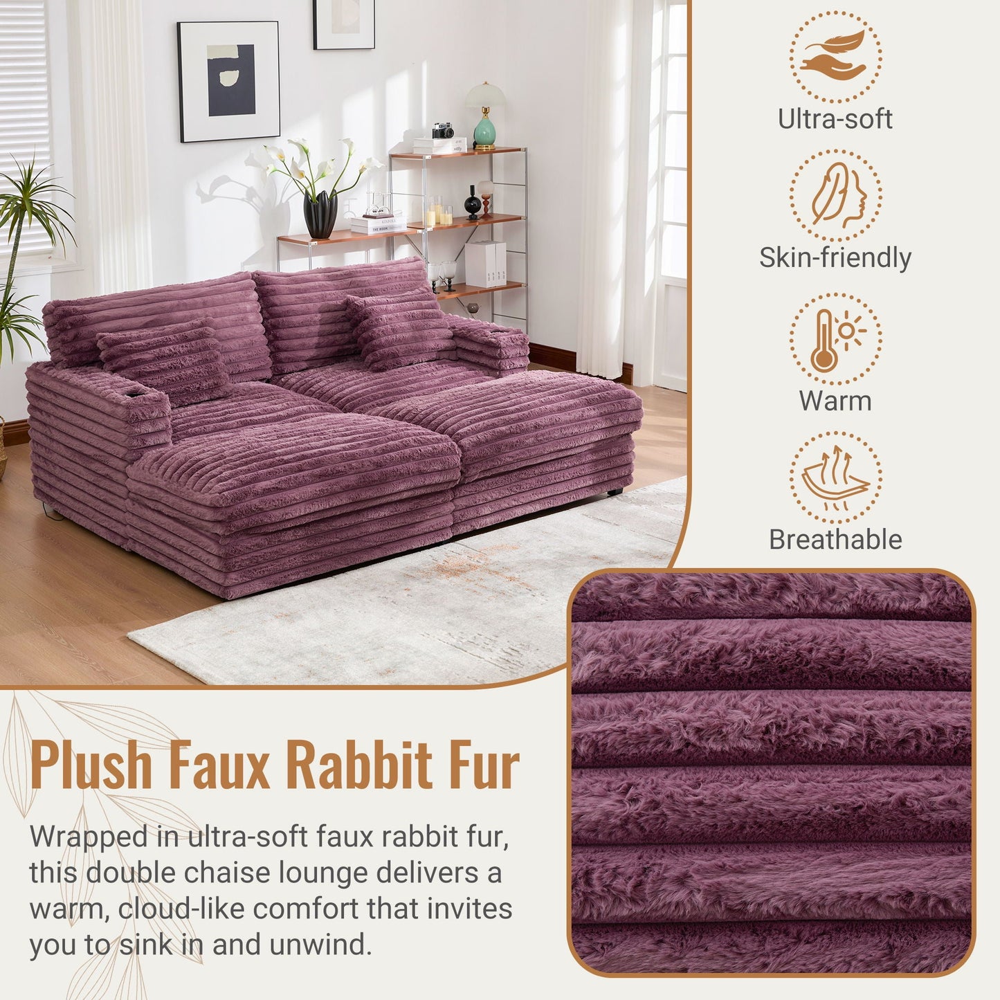 Oversized Double Chaise Lounge Sofa Bed With USB Ports And Cup Holders