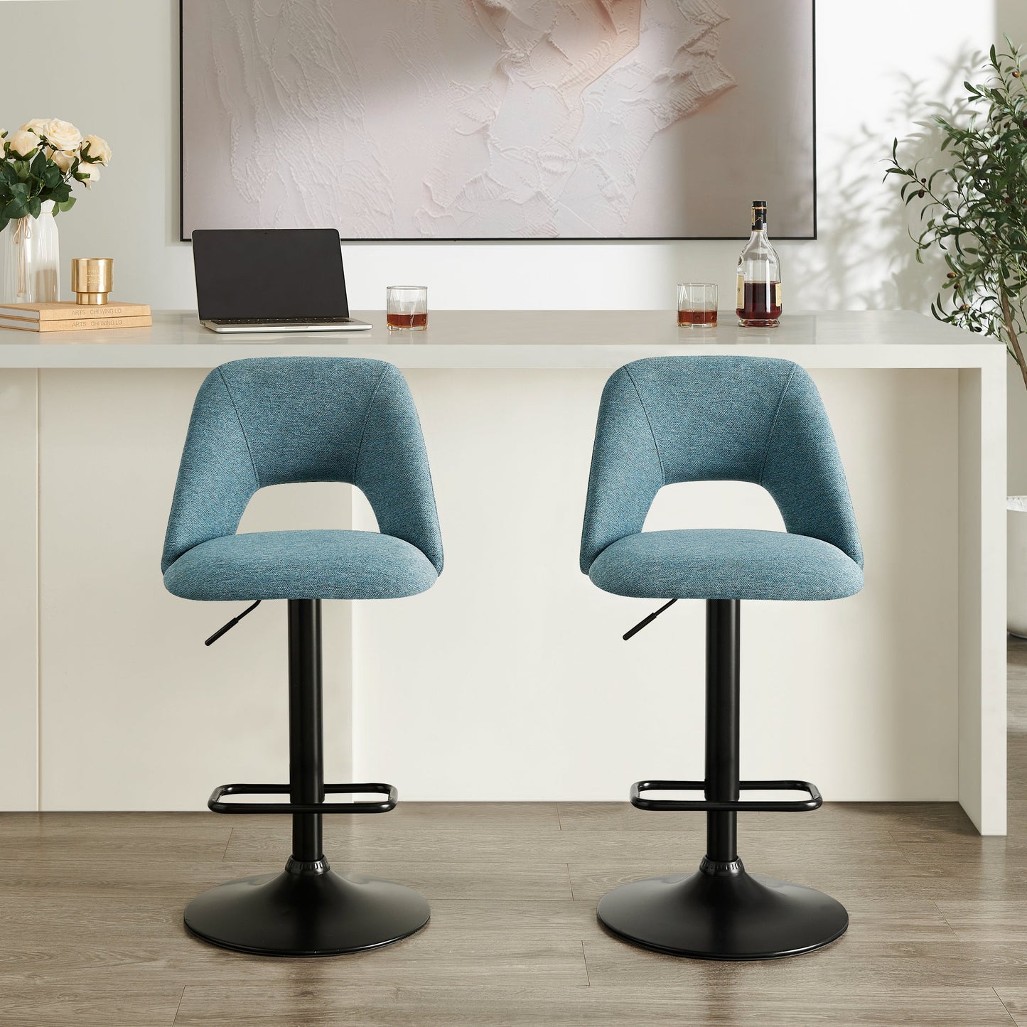 Nuvia Contemporary Adjustable Barstool with Upholstered Swivel Seats, Set of 2