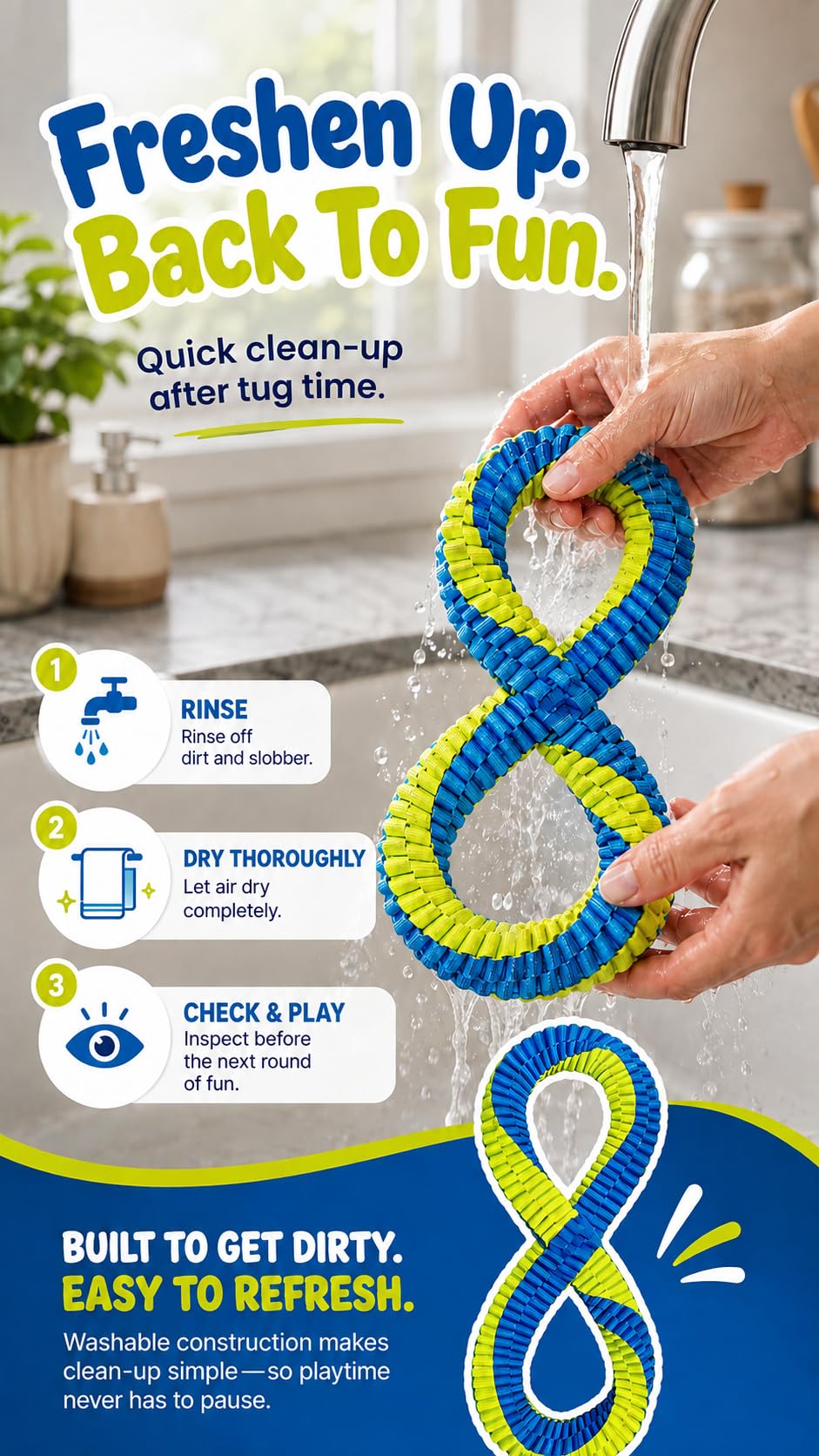 Dental Cleaning Tug Toy For Dogs, Dog Dental Toy, L With Textured Dental Weave, Washable Two Loop Figure 8 Design For Supervised Tugging, Chewing And Fetch