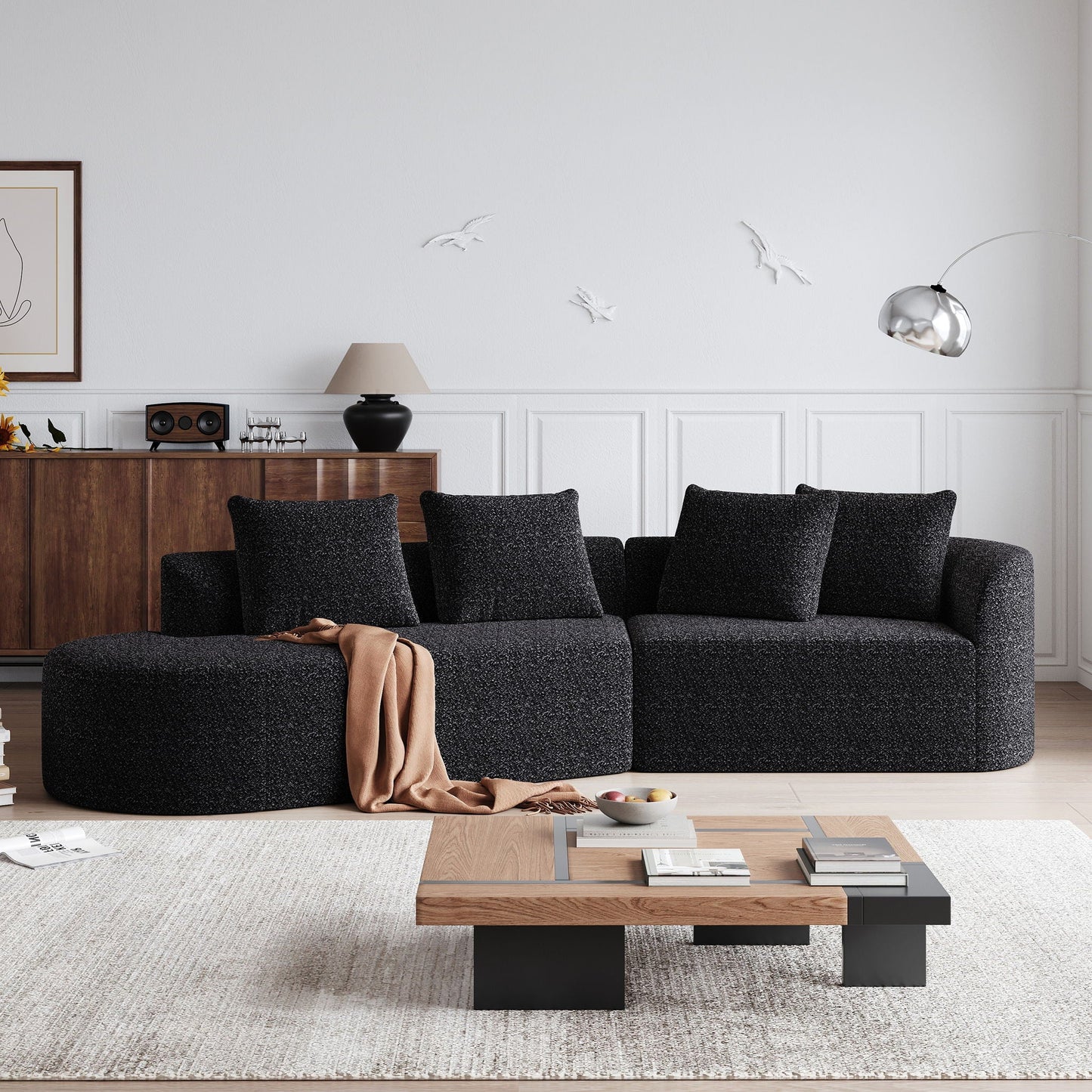 Upholstered Oversized Sectional Sofa, 4 Seater Extra Deep & Wide Seat Curved Cloud Couch With 4 Throw Pillows, Free Combination Living Room - Black