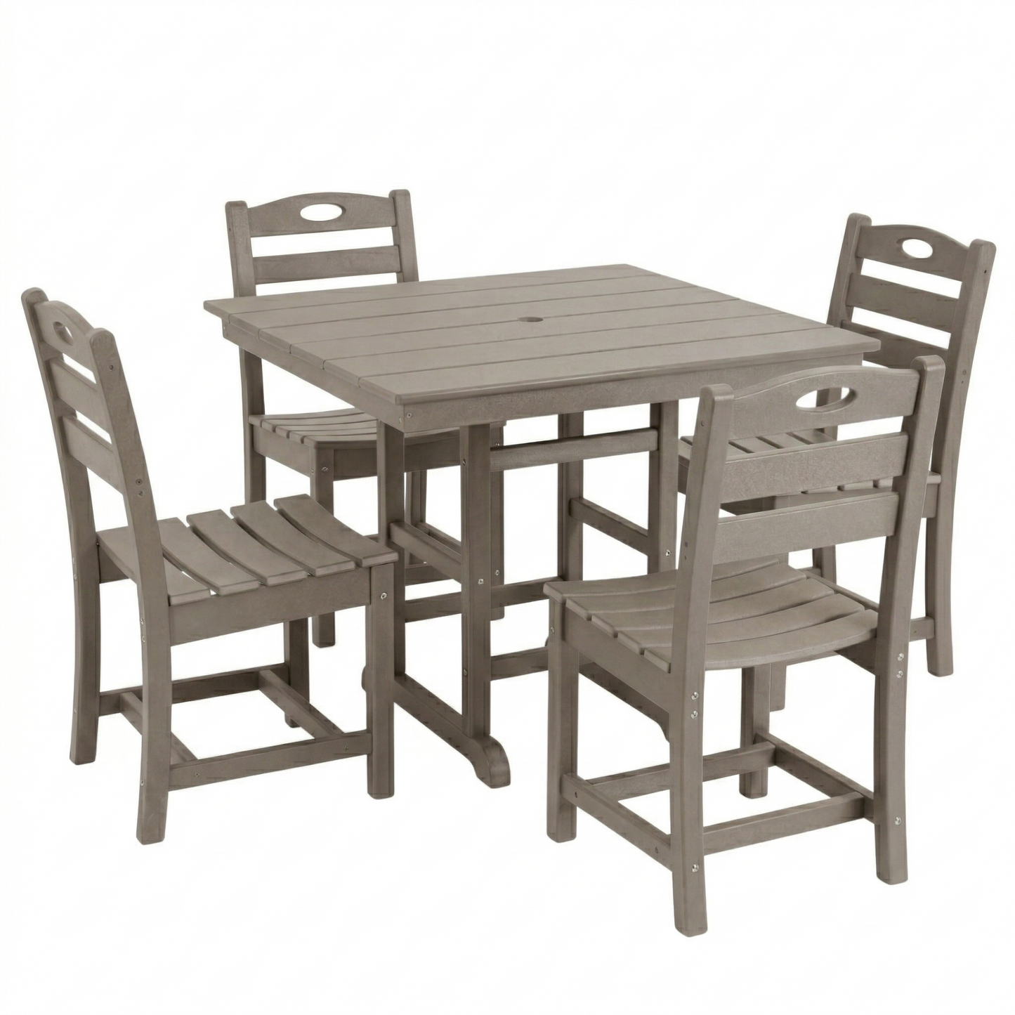 Antique Wood Color HDPE 5-Piece Outdoor Patio Dining Set with Square Table and 4 Armless Chairs, Umbrella Hole