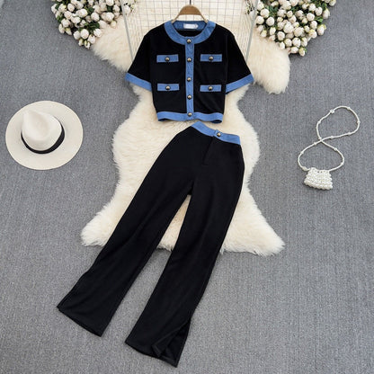 Fashion Two-Piece Set – Elegant Crewneck Single-Breasted Denim Contrast Crop Top + Skirt Suit