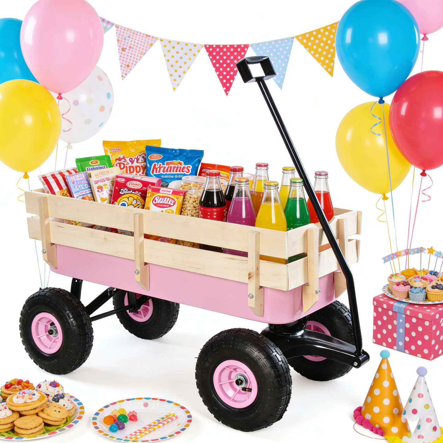 Outdoor All Terrain Garden Wagon with Wooden Railings and Pneumatic Tires