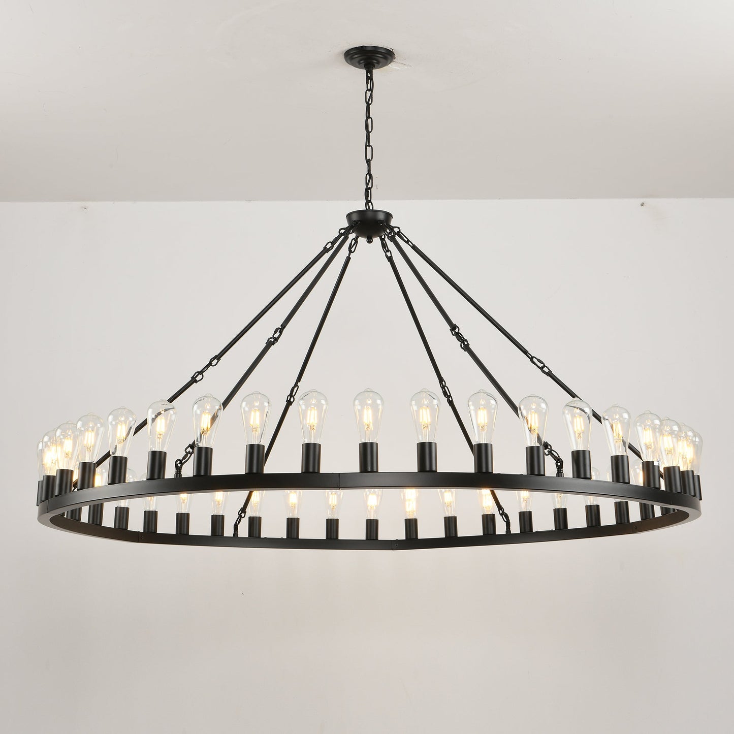 64 Inch Matte Black Wagon Wheel Chandelier With 30 Lights