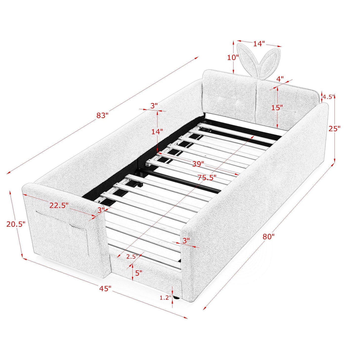 Cute Rabbit Ear Upholstered Platform Bed Frame With Safety Rail