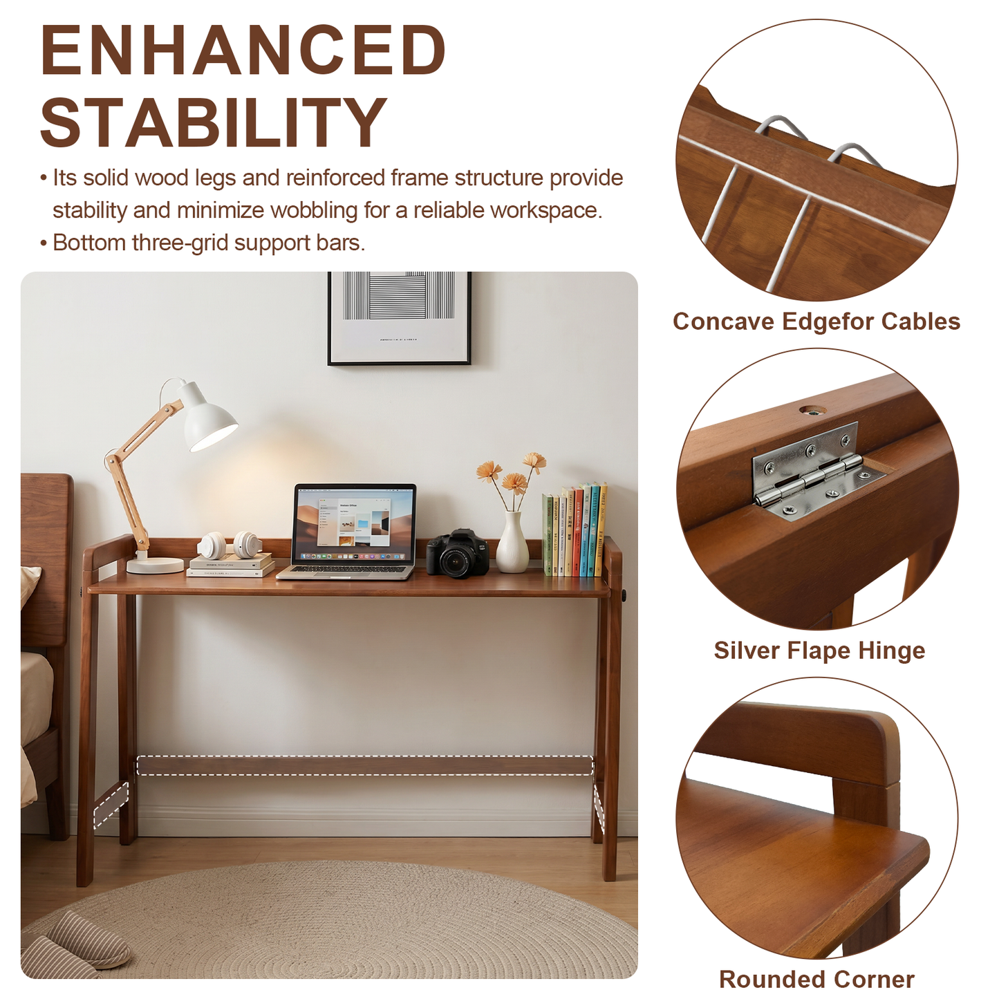 Solid Wood Folding Desk, 49" Mid Century Modern Computer Desk