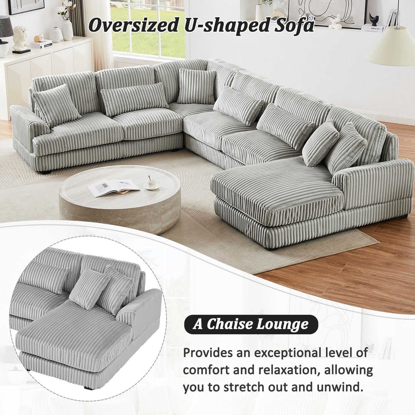 U - Shaped Sectional Sofa With Chaise Lounge, Oversized Living Room Sofa - Gray