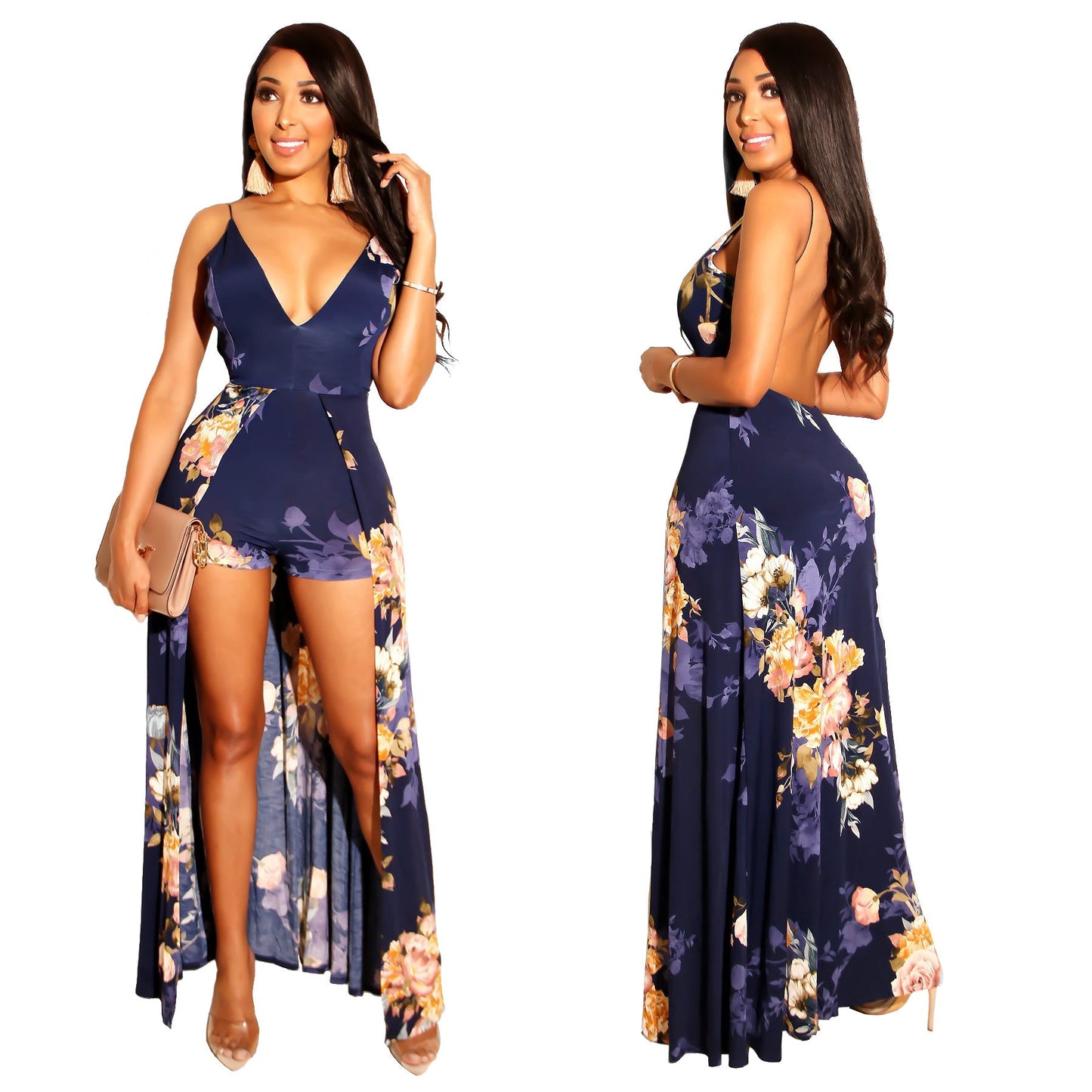 V-neck printed tie with bare back jumpsuit