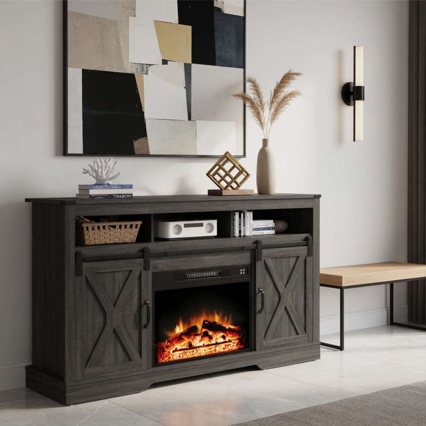 Electric Fireplace Insert Heater With Multicolor Flames, Remote Control - Black